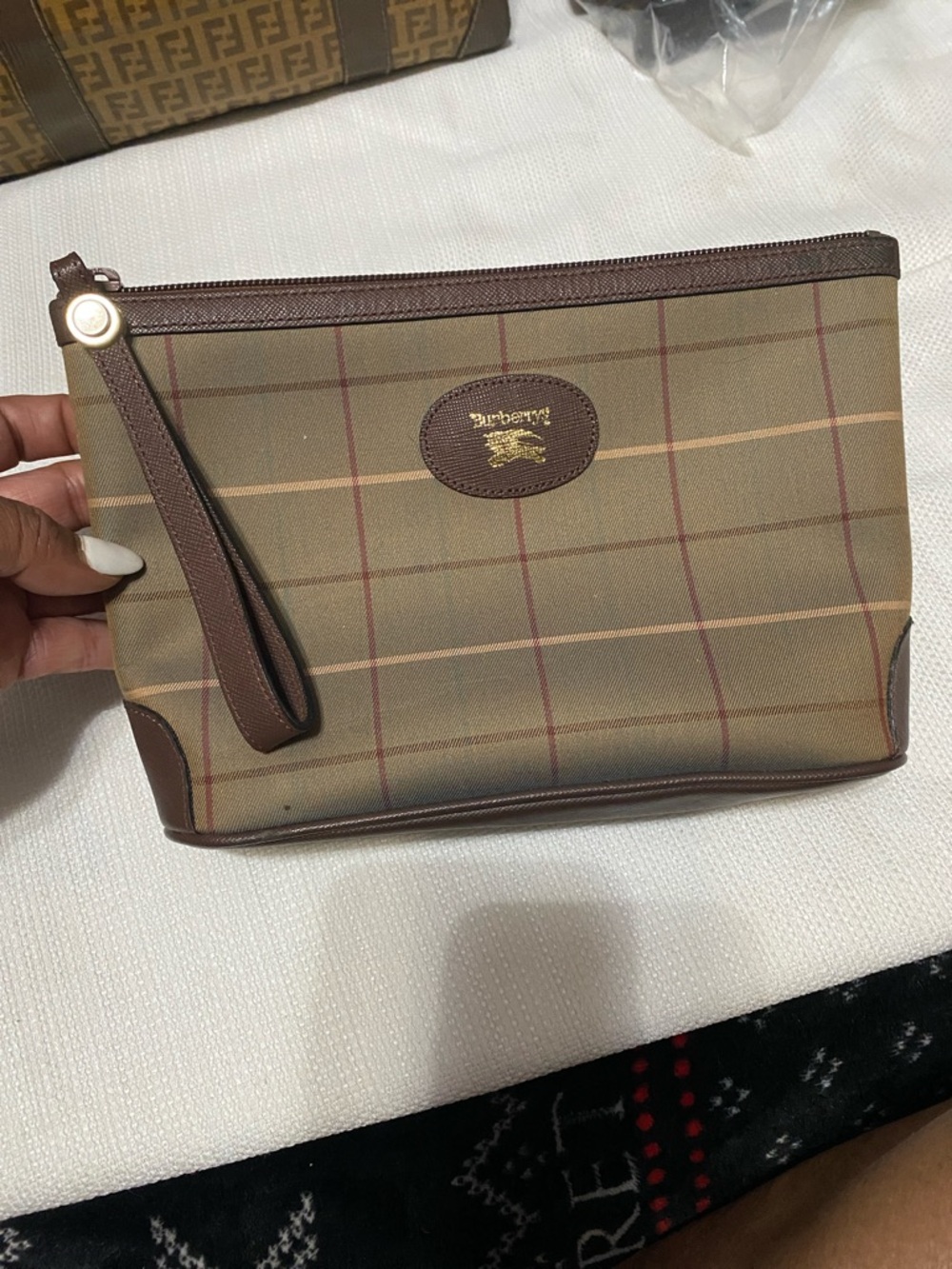 Burberry Brown and Tan Check Canvas Wristlet with Leather Trim